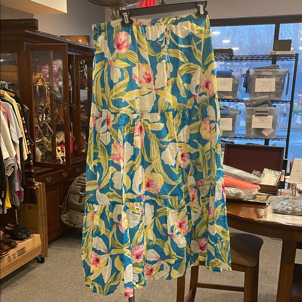 Lauren Ralph Lauren Tropical Floral Tiered Skirt 100% Cotton Blue Pink Size L